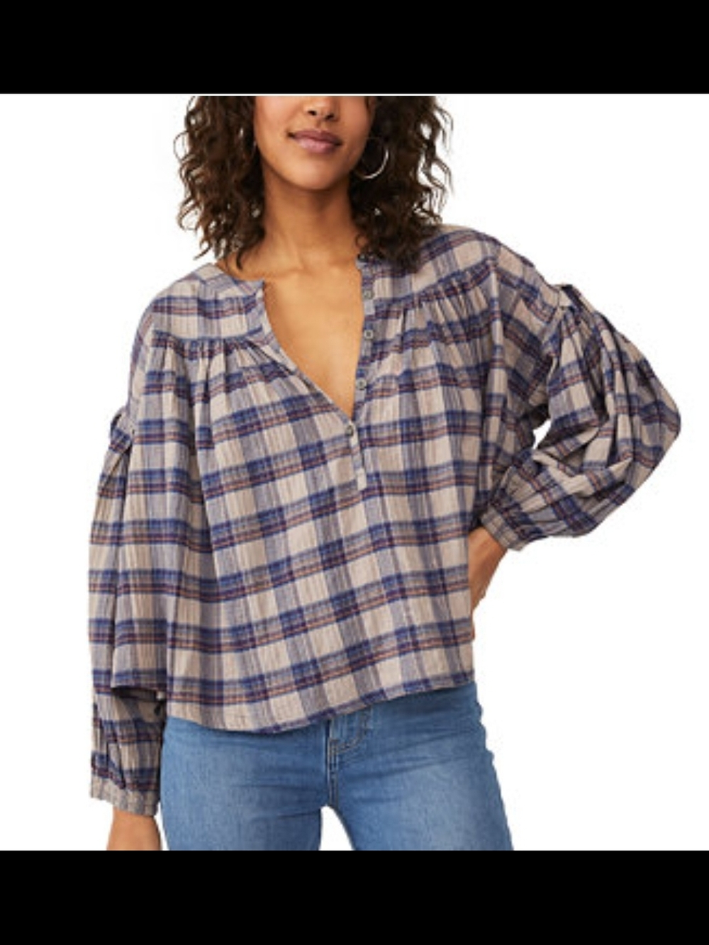 We The Free Plaid Peasant Blouse - Cream & Blue